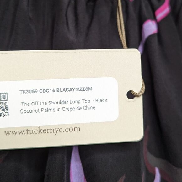 Tucker NYC Off the Shoulder Long Top Black Coconut Palms Crepe de Chine Silk Top - Picture 4 of 8